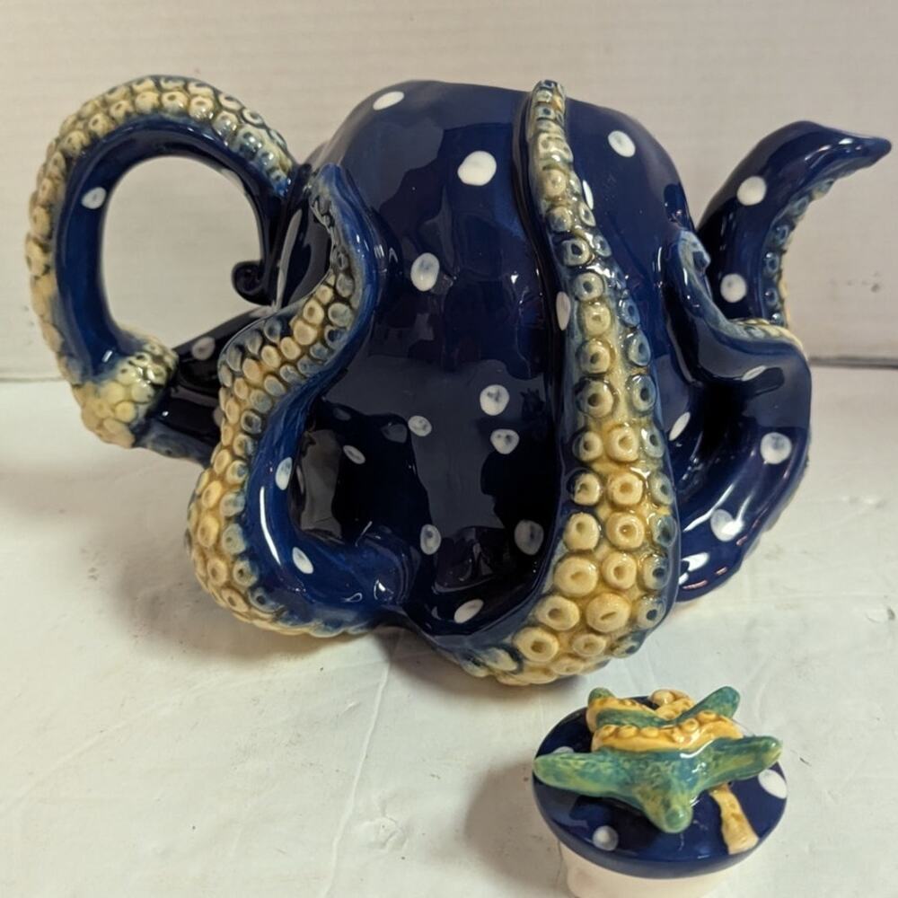 Blue Sky Claywork Blue Octopus Ceramic Teapot Polka Dot Nautical Coastal Novelty - Picture 4 of 8